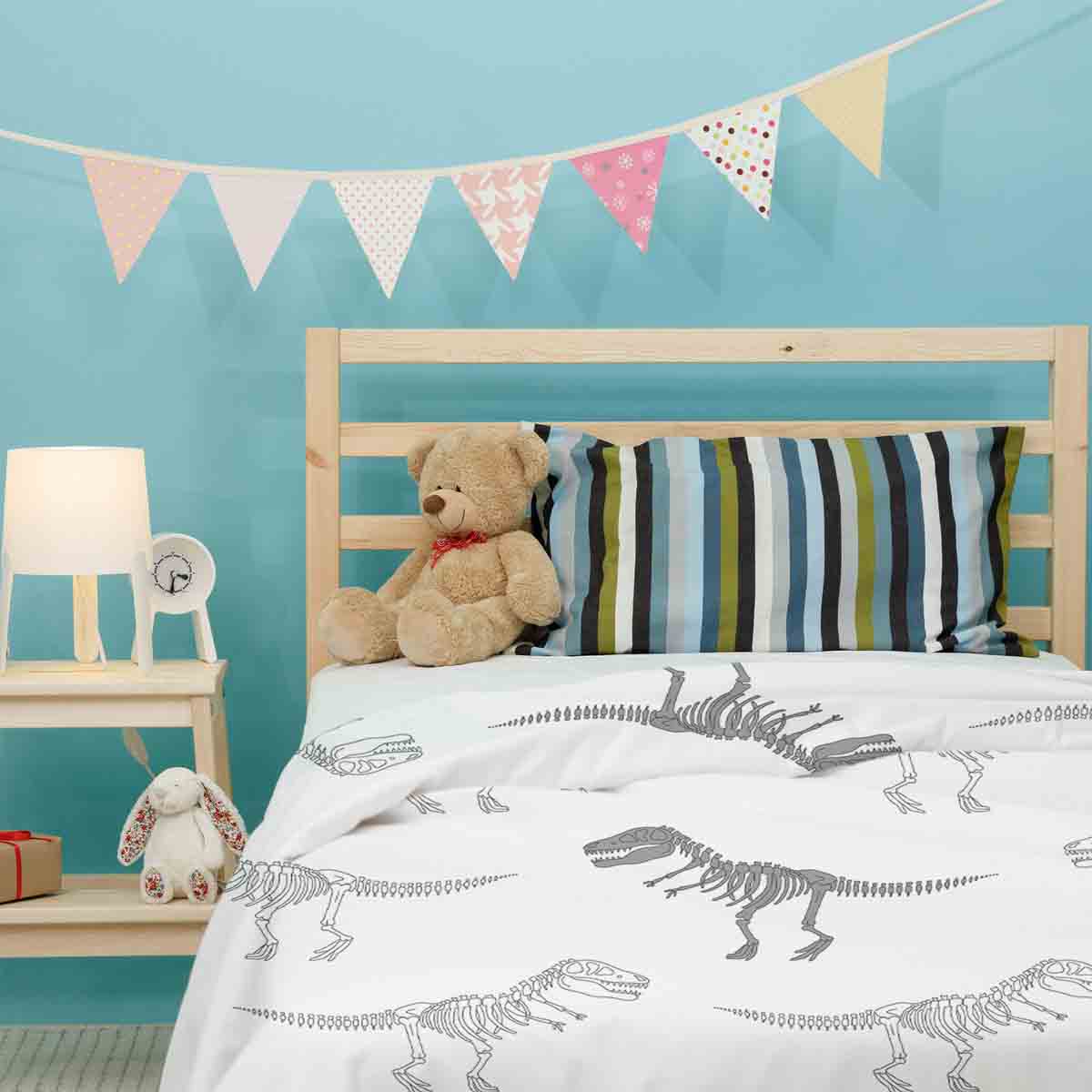 Set di biancheria da letto con coperta terapeutica bianca con scheletro di dinosauro
