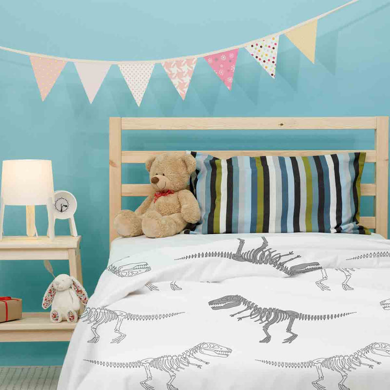 Set di biancheria da letto con coperta terapeutica bianca con scheletro di dinosauro