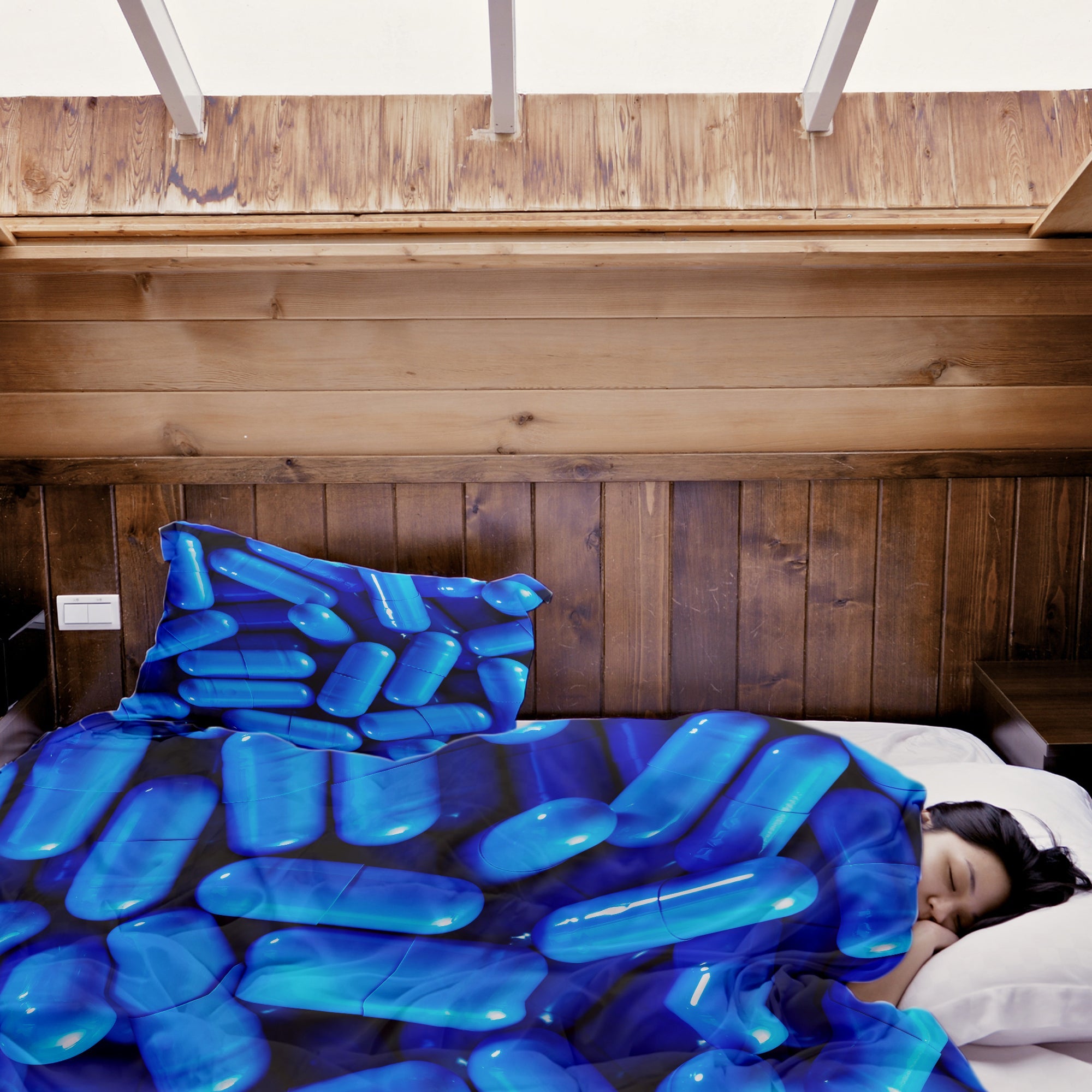 Set di biancheria da letto con coperta terapeutica blu pillole