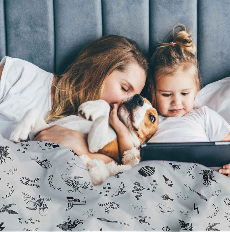 Set di biancheria da letto con coperta terapeutica grigia magia