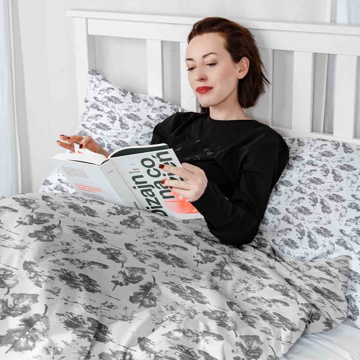 Set di biancheria da letto con coperte terapeutiche bianco con foglie grigie