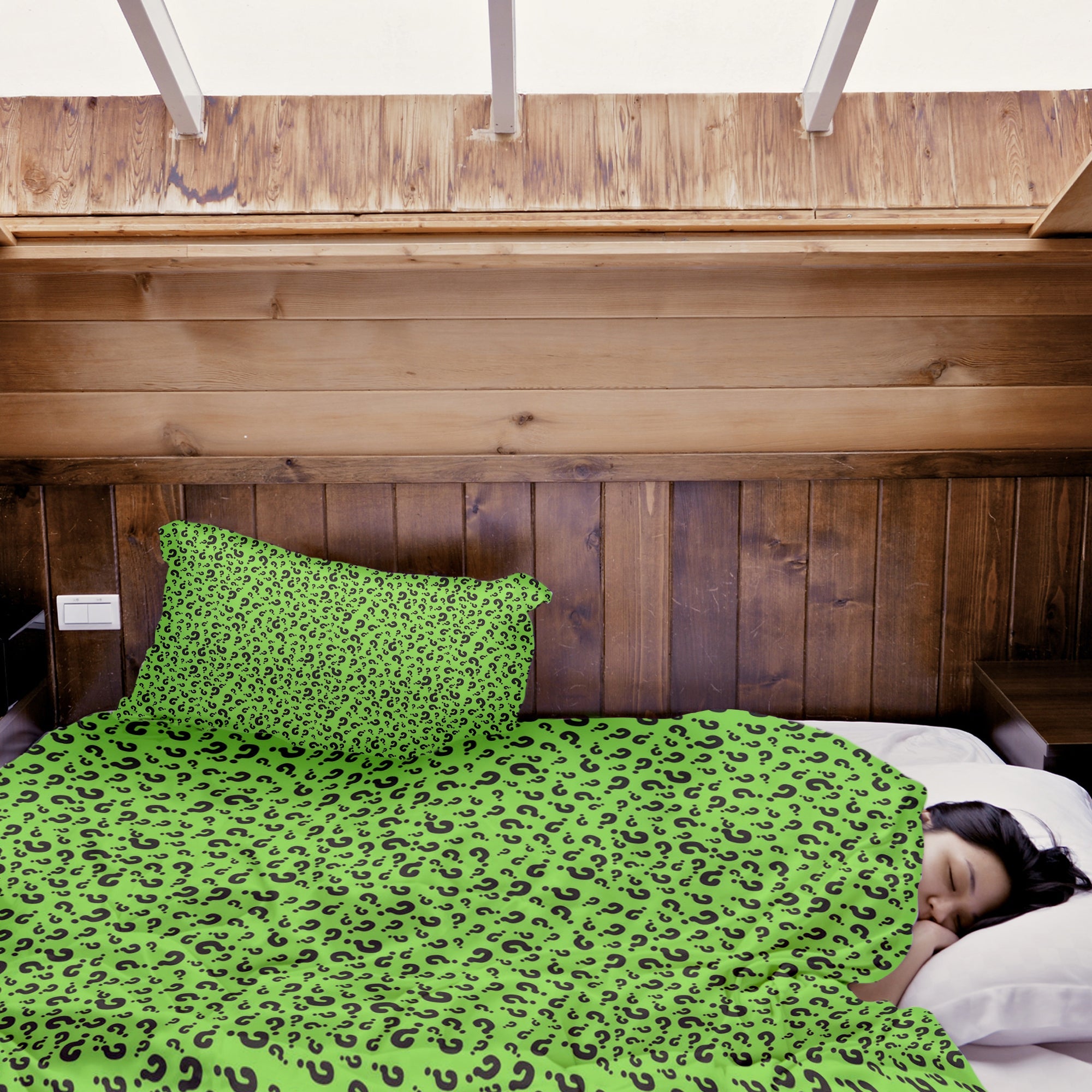 Set di biancheria da letto con coperta terapeutica verde chiaro con punto interrogativo