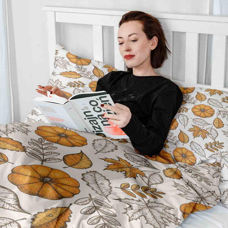 Set di biancheria da letto con coperta terapeutica bianca con foglia e zucca