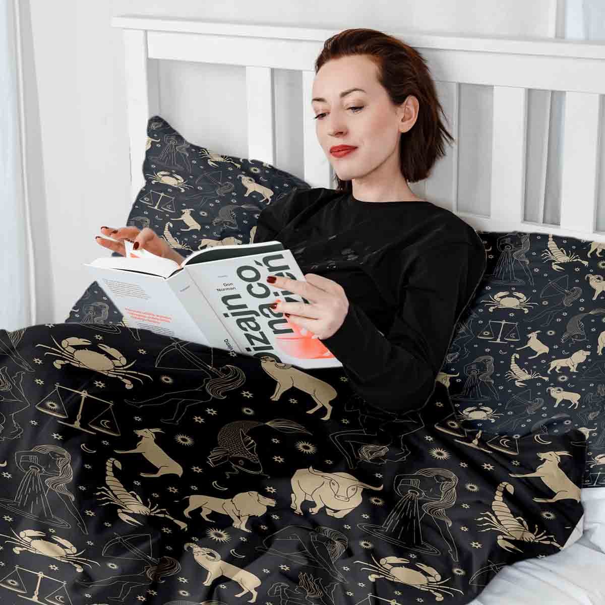 Set di biancheria da letto con coperta terapeutica nero costellazioni