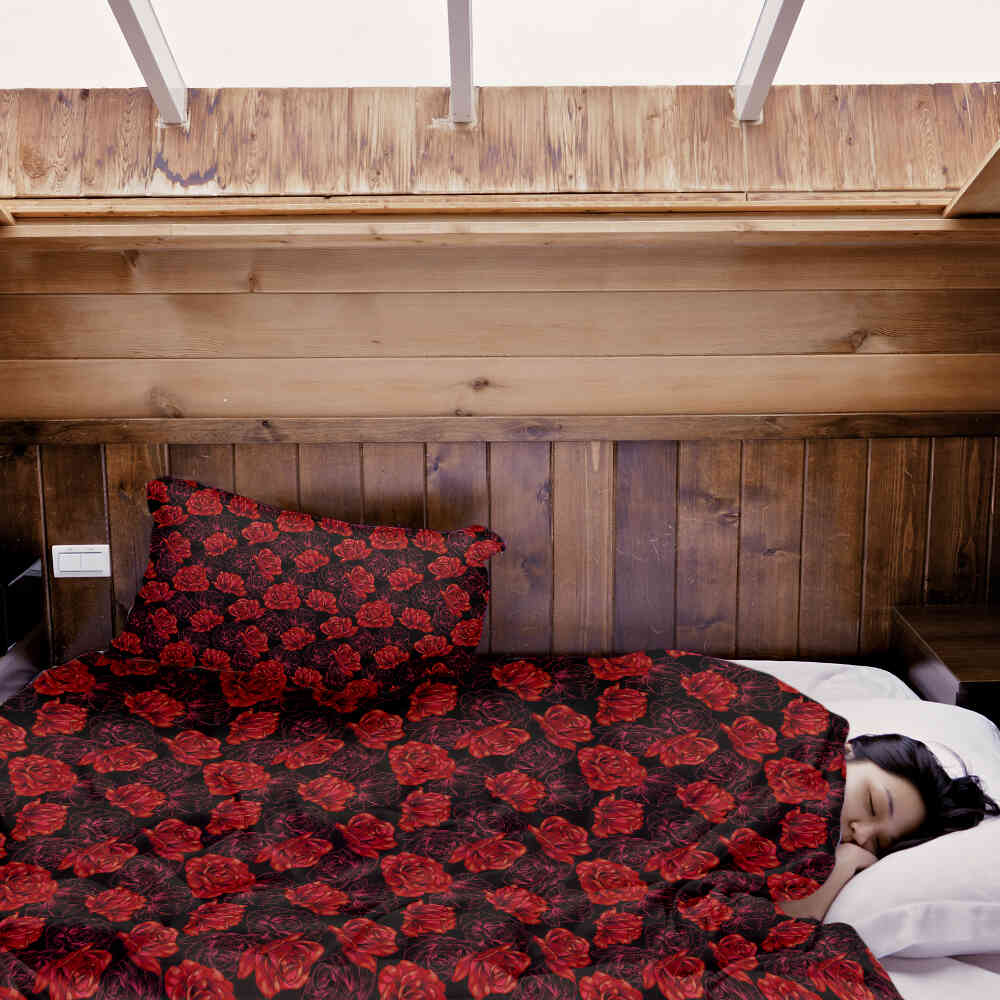 Set di biancheria da letto con coperta terapeutica nera con rose rosse