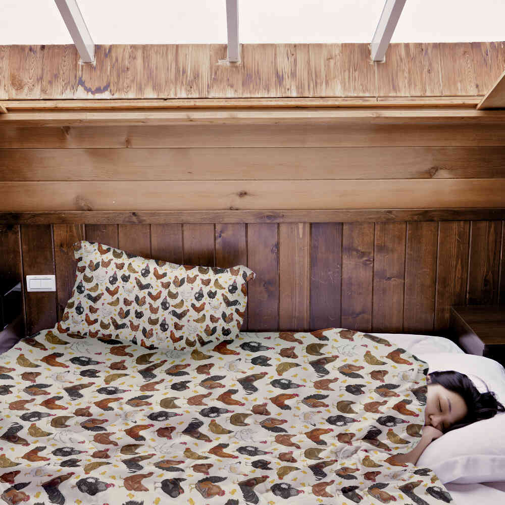 Set di biancheria da letto con coperte terapeutiche bianco con molti polli