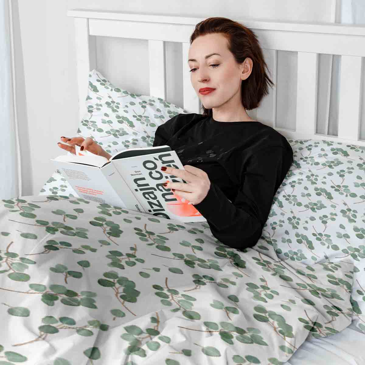 Set di biancheria da letto con coperte terapeutiche bianco con rami di eucalipto