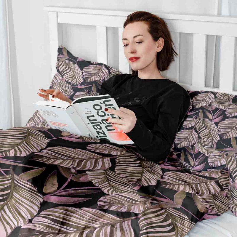 Set di biancheria da letto con coperte terapeutiche nero con foglie viola