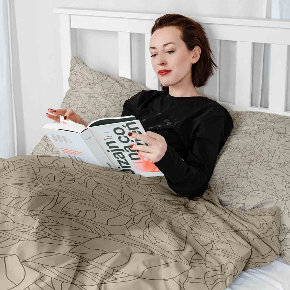 Set di biancheria da letto con coperta terapeutica beige con motivo a foglia nero