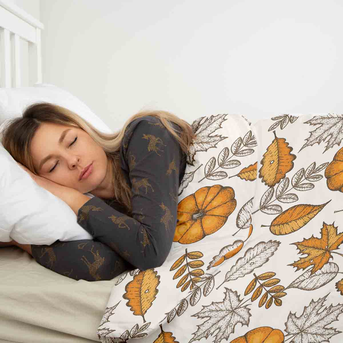 Coperta terapeutica originale - Rivestimento in cotone bianco con foglia e zucca