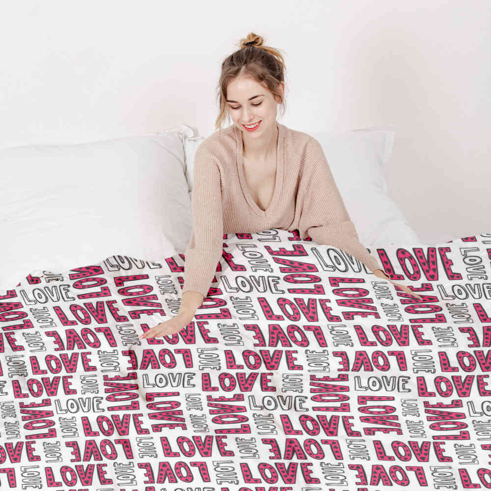 Set di biancheria da letto con coperta terapeutica bianca L.O.V.E