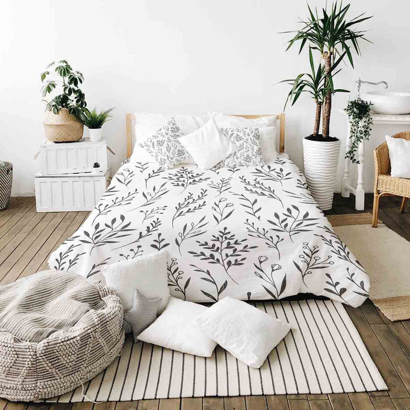 Set di biancheria da letto con coperte terapeutiche bianco con rami neri