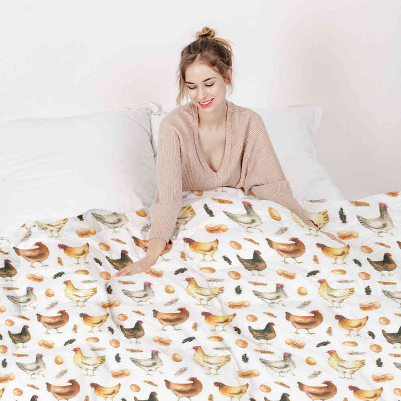 Coperta terapeutica originale - Rivestimento in cotone bianco con galline