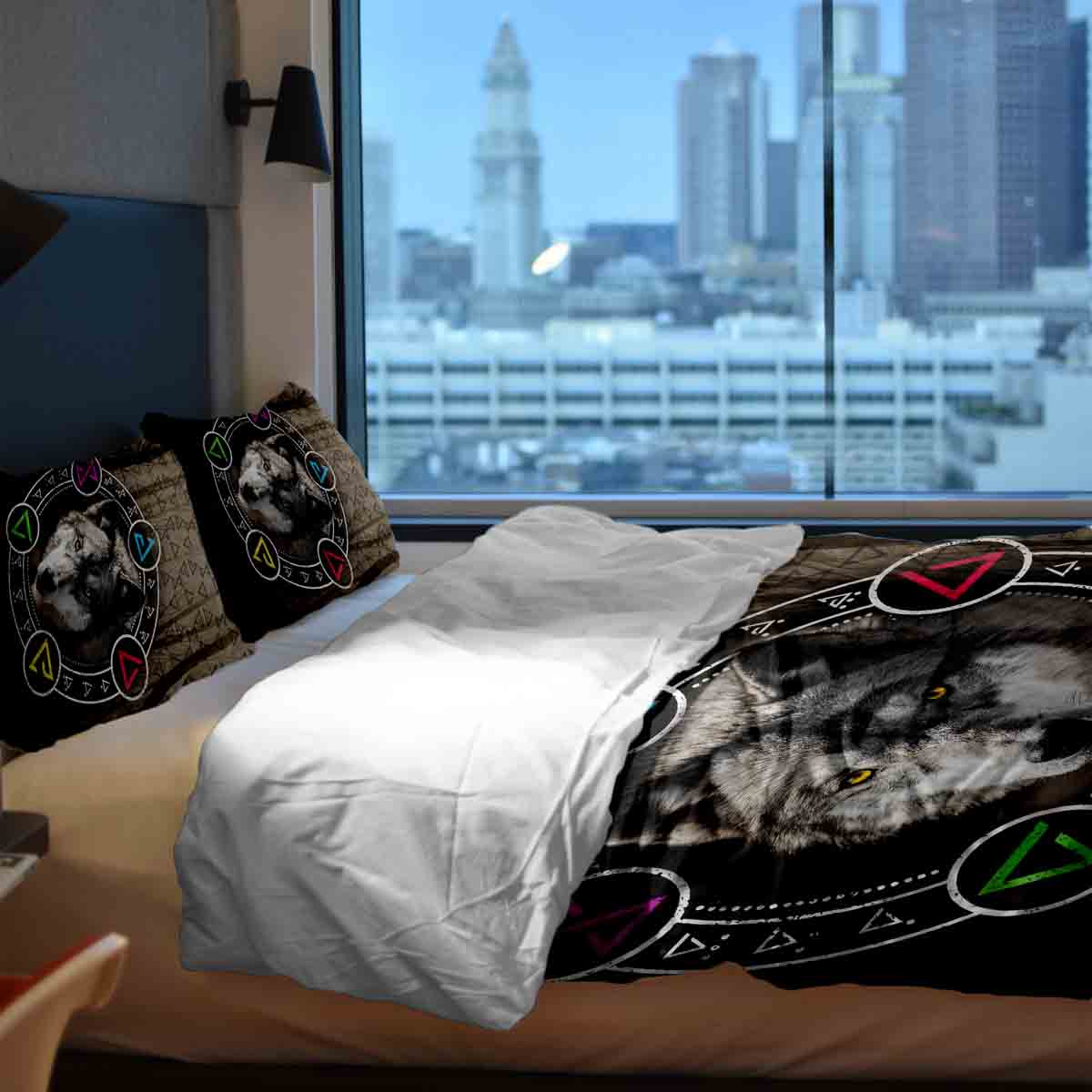 Set di biancheria da letto con coperta terapeutica marrone con lupo