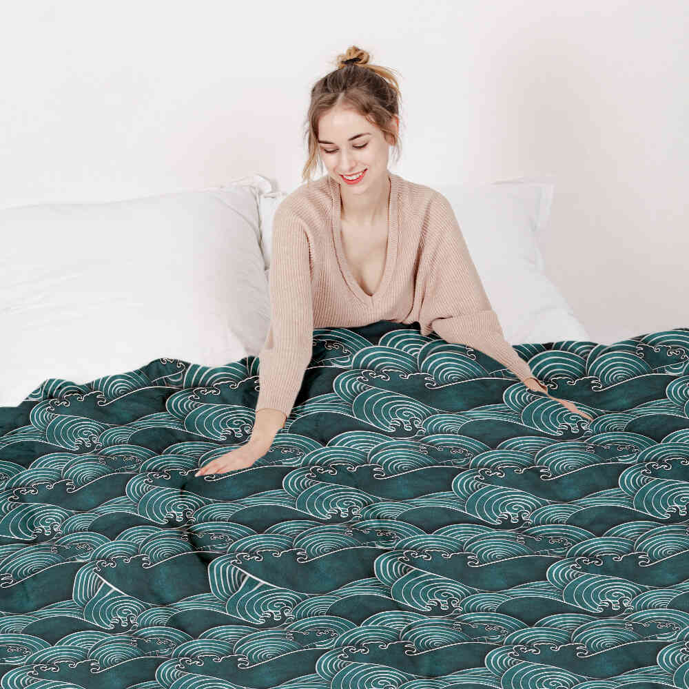 Set di biancheria da letto con coperta terapeutica onde turchese-verde