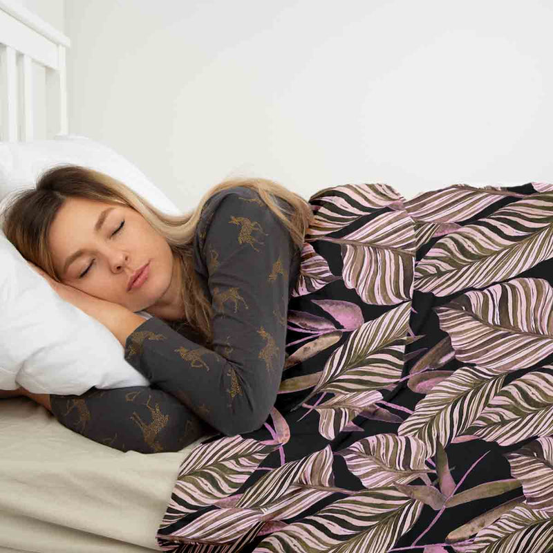 Set di biancheria da letto con coperte terapeutiche nero con foglie viola