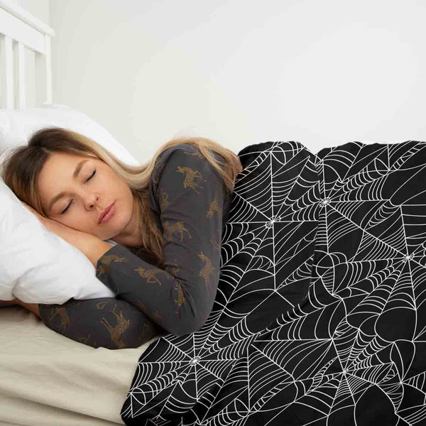Set di biancheria da letto con coperta terapeutica nera con ragnatela